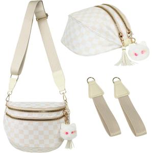 Spacious Checkered Nylon Crossbody Bag Bum Bags for Women Checkered Purse Checkerboard Fanny Pack (Beige)