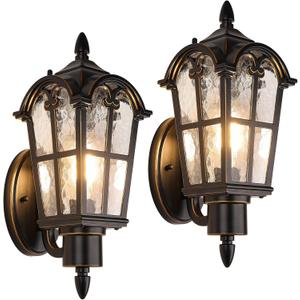 Sucolite Outdoor Wall Light Fixtures, Black & Gold Exterior Waterproof Porch Lights, Vintage Outside Wall Sconces with Water Ripple Glass for House Front Door Garage, 2 Pack (16in)