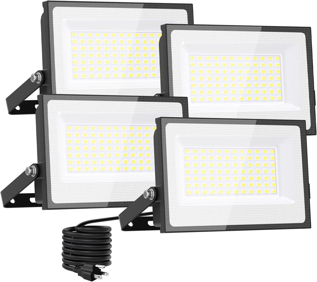 Onforu 80W Flood Lights Outdoor, 8000lm Bright LED Work Light with Plug,Daylight White LED Flood Lighting, IP66 Waterproof Security Yard Lights for Garage Stadium 4 Pack