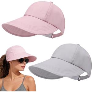 2 x Unittype 2 Pcs Sun Hats for Women UV Protection Ponytail Wide Brim Sun Visors Cap Packable Adjustable Summer Hats for Outdoor