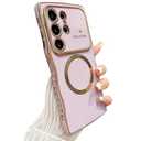 ZONRW for Samsung Galaxy S24 Ultra Case Magnetic,for Women Girls Soft Cute Wave Frame Curly Shape Love Heart Luxury Plating Phone Case Compatible with MagSafe Shockproof Back Cover 6.8"-Light Purple