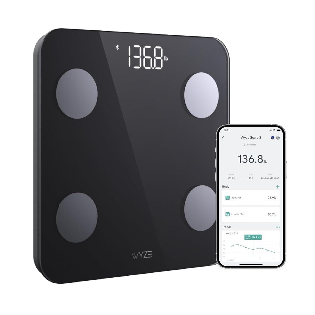 Wyze Scale S, Scale for Body Weight, Digital Bathroom Scale for Body Fat, BMI, Muscle, Heart Rate, Body Composition Analyzer with App, Batteries Included, Bluetooth, 400 lb, Black