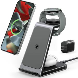 Meifigno Watch Charger Stand for Pixel Watch 3/2/Fitbit Versa 4/3/sense 2/Sense (Not for Pixel Watch1/4), 3 in 1 Aluminum Alloy Pixel Charger Designed for Google Pixel 10 Pro XL/9/9a/8/7, for Buds