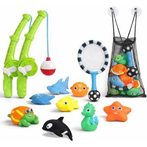 Magnetic Toddler Bath Toys - Kids Fishing Pool Game Set of 2 Fishing Poles, 8 Rubber Sea Animals, & Net - Water Toys with Mesh Organizer Bag