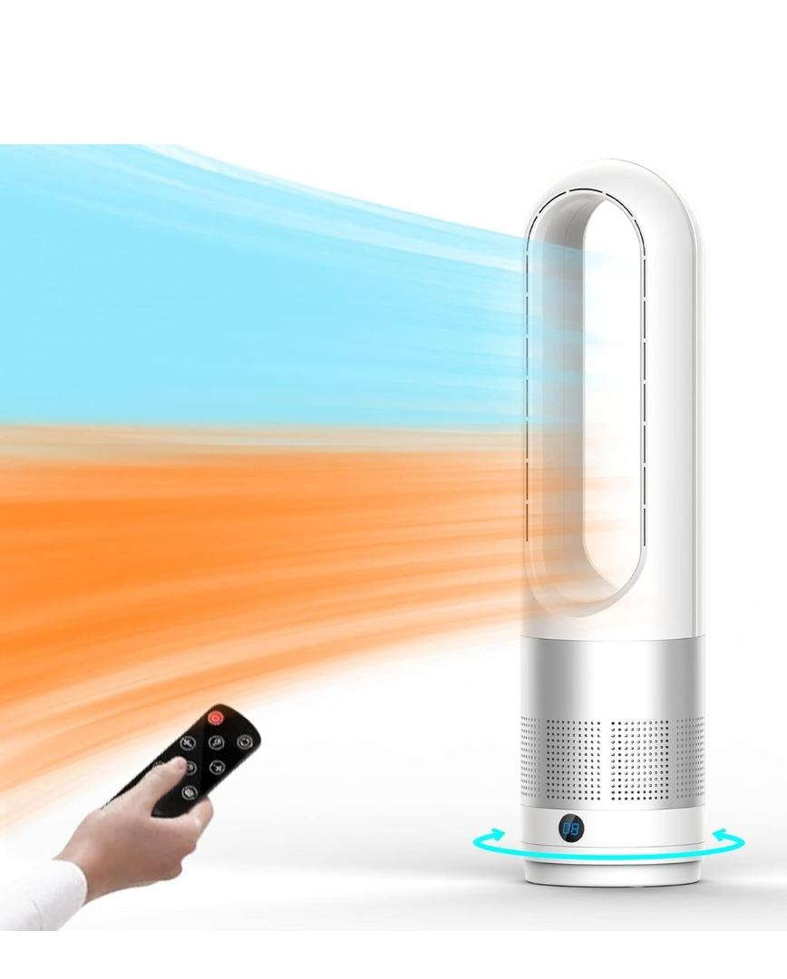 Bladeless Tower Fan, 1400W Space Heater & 40W Cooler Fan Combo with Remote, 80Oscillation, 8 Speeds and 3 Heating Modes, 9H Timer, LED Display, Fast Safety Heat and Quiet for Bedroom, Kitchen, Office