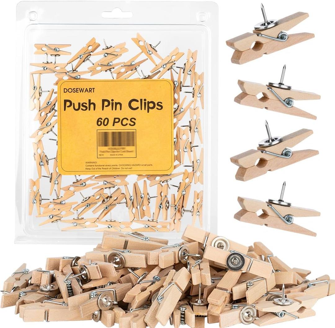 Push Pin Clips for Cork Board, 60 Pcs Wooden Paper Clips with Push pins for Bulletin Board Decoration, Artworks, Notes, Photos, Cubicle and Classroom Decor