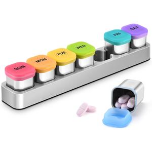 Square Metal Pill Case 7 Day, Stainless Steel Medicine Box Organizer for Travel, Waterproof Tablet Container, Portable Daliy Pill Holder for Vitamins Fish Oils