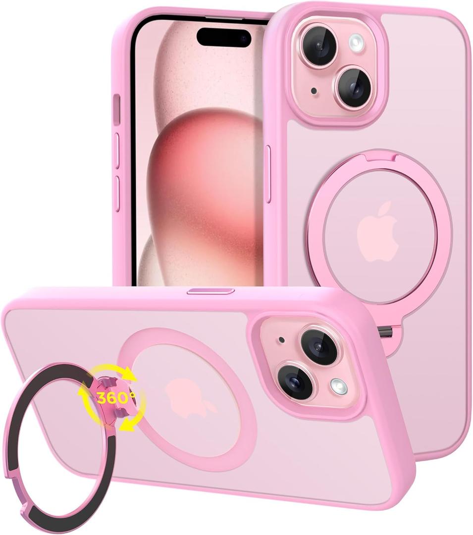 CACOE Magnetic Case for iPhone 15 6.1 inch with 360 Rotatable Ring Stand, Compatible with MagSafe Car Phone Mount, iPhone 15 Cases Cover Phone Holder for Desk Meeting/Videos Pink
