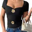 SOLY HUX Women's T Shirt Metal Flower Sweetheart Neck Short Sleeve Ruched Tee Slim Fit Going Out Summer Tops (Black, L)