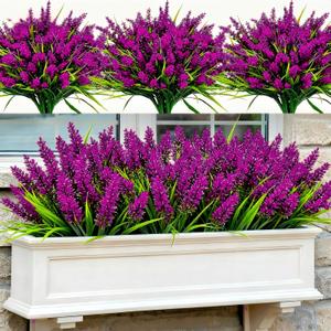 Geegoods Artificial Plants Flowers Outdoor – 48 Bundles UV Resistant Faux Lavender Flowers with Monkey Grass for Garden Porch Window Patio Hanging Planter Decor
