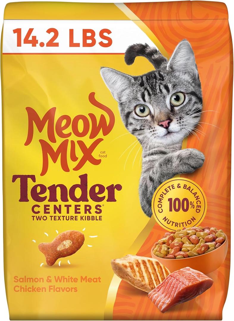 Meow Mix Tender Centers Salmon & White Meat Chicken Flavors, Dry Cat Food, 14.2 lb. Bag (EXP 07/01/27)