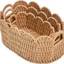 Scalloped Basket Set of 3 (Large, Medium, Small), Paper Rope Hand Woven Storage Basket for Shelves, Clothes, Towels and Laundry, Wicker Decorative Basket for Living Room Bedroom Organizing, Neutral
