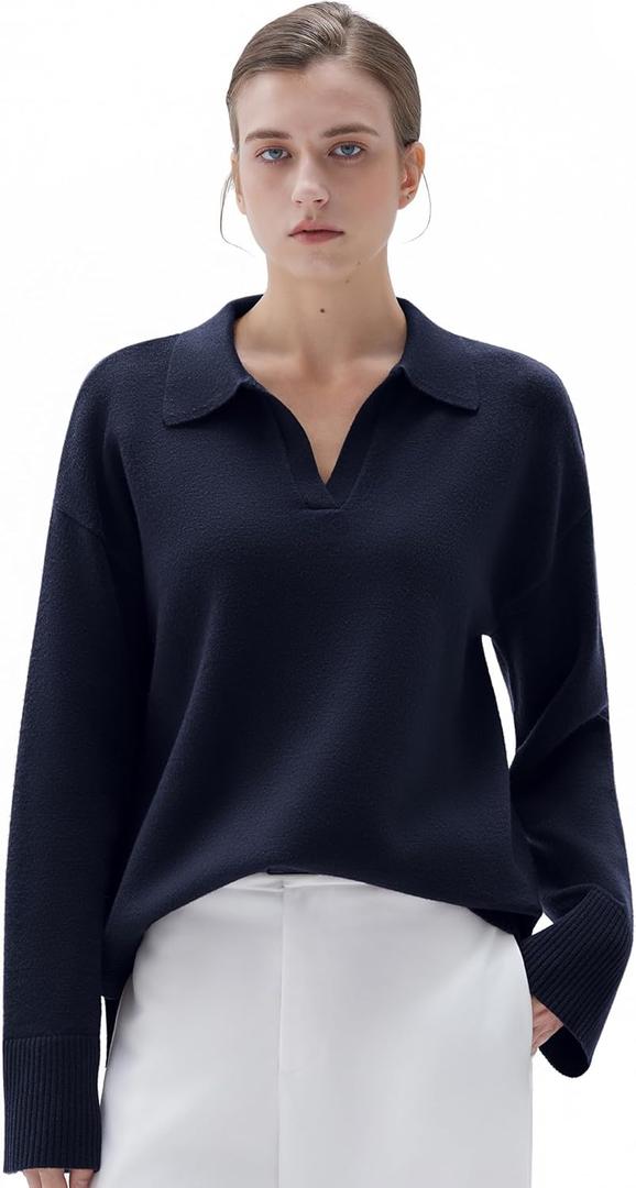 SUUKSESS Women Cashmere Oversized V Neck Pullover Sweaters Long Sleeve Collared Knit Jumper Tops (X-Small)