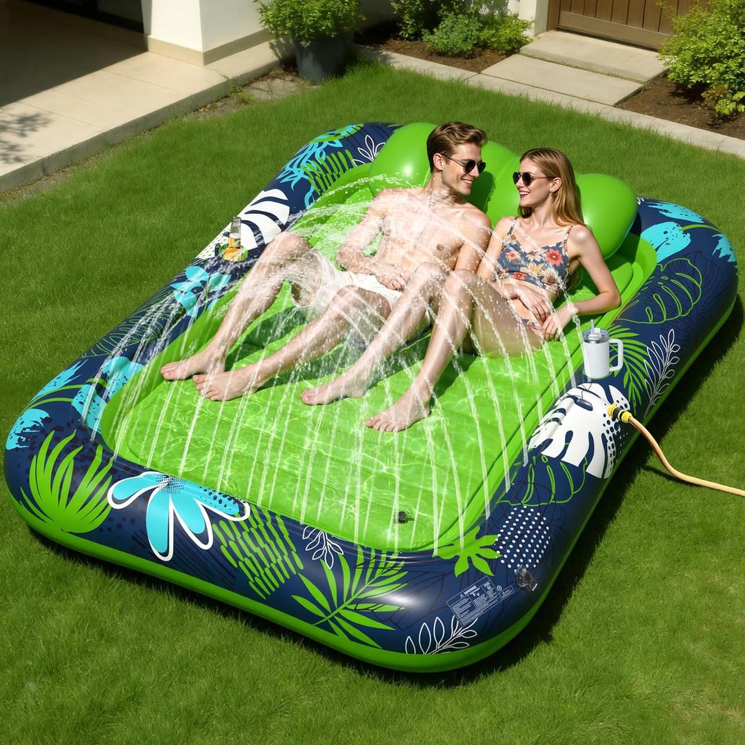 JOSEN Inflatable Tanning Pool Lounger Float with Sprinkler, XXL Large Pool Floats Adult Heavy Duty 83" x 63", Suntan Tub Water Pool Lounge Rafts, River Lake Floaties Water Floats with Cup Holders