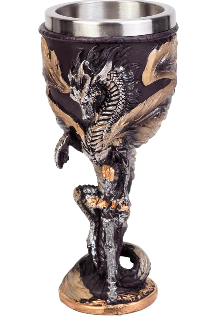 Medieval Flame Dragon Holding Sword Goblet Resin Wine Cup with Stainless Steel Lining Unique Hand-Painted Cup Father's Day Gift (BM030-6)