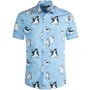 Mens Aloha Hawaiian Shirt Flamingos Penguin Printed Tropical Novelty Casual Short Sleeve Beach Wear, Large , Blue 
