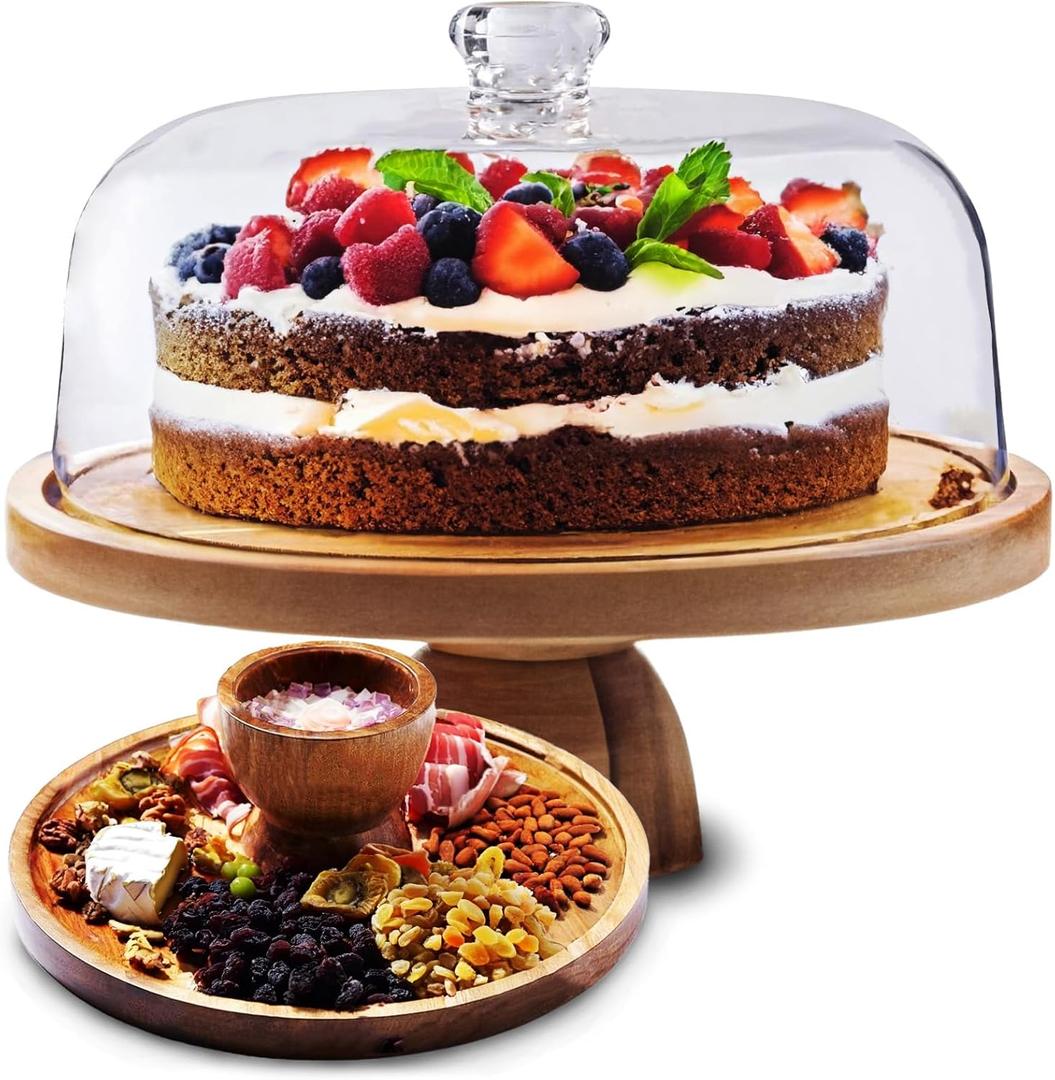 Cake Stand with Acrylic Dome Lid 2-in-1 Multifunctional Round Shatterproof Dessert Table Display Set with Acacia Wood Serving Platter, Veggie Tray, Fruit Bowl, Donut Stand, Nachos Plate