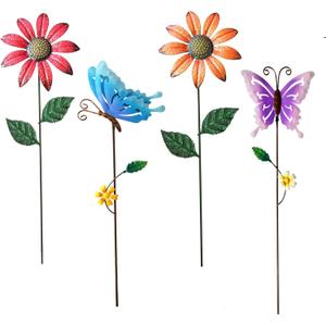 Metal Flowers for Outside, 16.15" 4-Pack Metal Colorful Butterfly & Flower Decorative Garden Stakes for Spring Garden Decor, Shaking Head Yard Art Decorations for Patio Lawn Ornaments