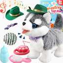 Walking Husky Barking Dog Toy for Child Kid Licking Talking Puppy with Leash, Interactive Puppy that Barks Tail Wagging Plush Robot Dog Singing Electric Pet Pretend Dress Up Christmas Boy Girl Gift