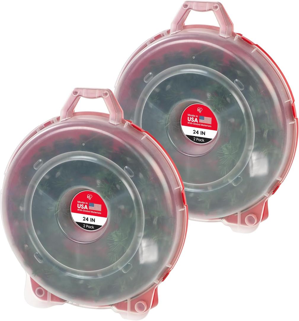 IRIS USA 24" Wreath Storage Container With Latches and Handle, 2 Pack, For Holiday Garland/Wreath, Holiday Decorations, and Heavy Duty, Portable, High Protection, and Space Saving Storage, Clear/Red
