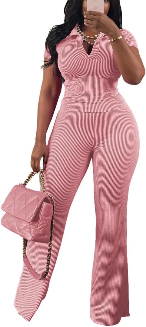 HBQ Women Two Piece Outfit Ribbed Short Sleeve V Neck Polo Top and Flare Pants Casual Lounge Sets Tracksuit (Medium, Pink)