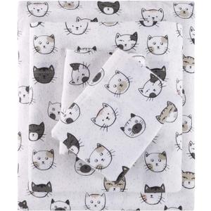 Intelligent Design Cozy Soft 100% Cotton Flannel Print Animals Stars Cute Warm, Ultra Soft Cold Weather Sheet Set Bedding, Twin, Grey/Pink Cats 3 Piece