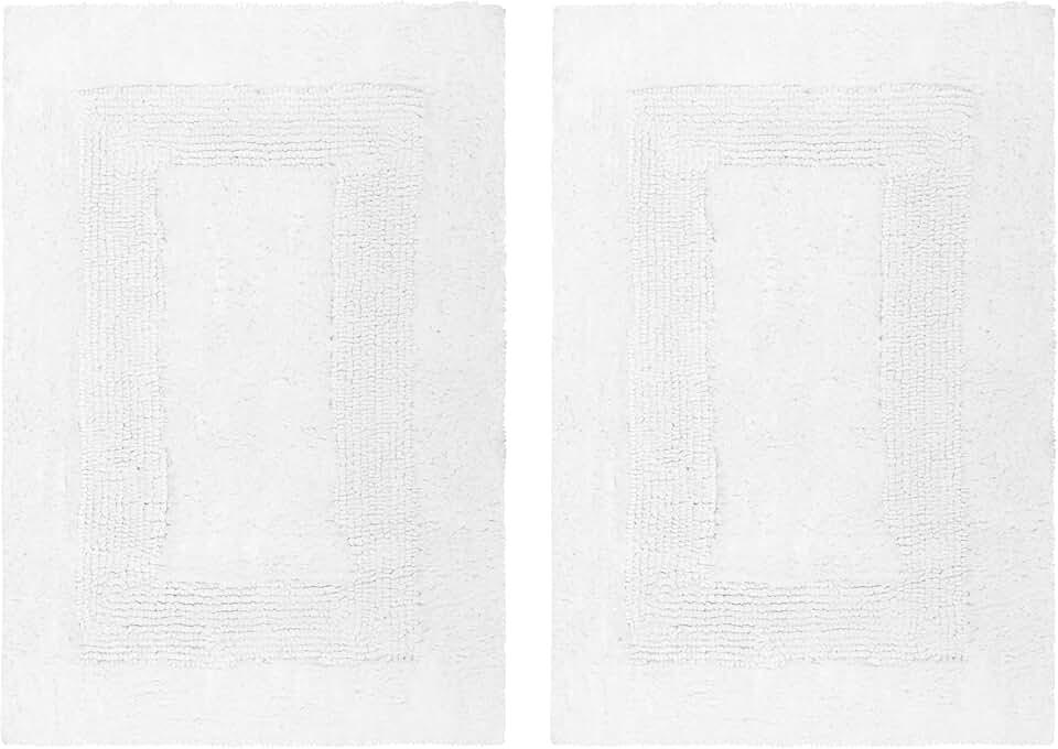 COTTON CRAFT 2 Piece Reversible Step Out Bath Mat Rug Set 22x34 White, 100% Pure Cotton, Super Soft, Plush & Absorbent, Hand Tufted Heavy Weight Construction, Full Reversible, Rug Pad Recommended
