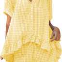 Womens Gingham Pajama Set 2 Piece Cotton Short Sleeve Plaid Ruffle Pjs Outfits Lounge Babydoll Shirt Sleepwear (Small)