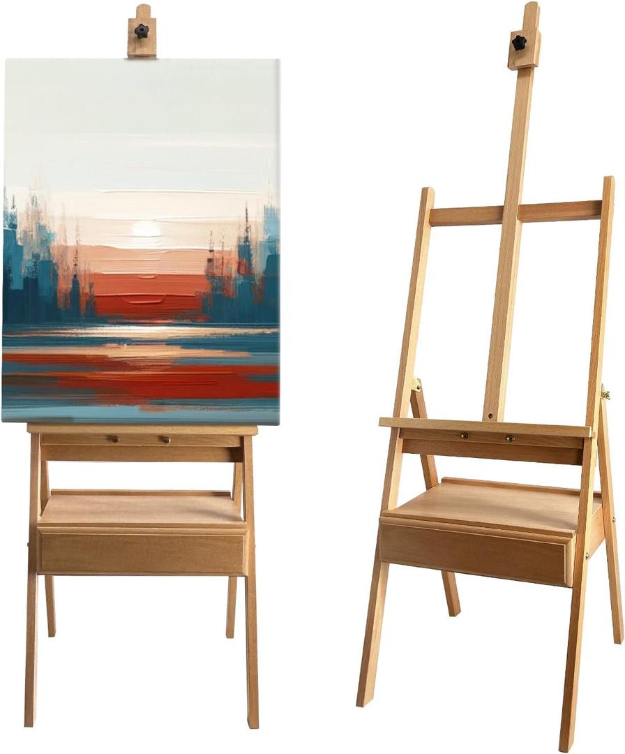 Large Solid Beech Wood Painting Easel with Storage Drawer(60"~75" H), H-Frame Adjustable Wooden Easel Stand with Signature Box for Adults, Students, Sturdy Canvas Holder up to 36''