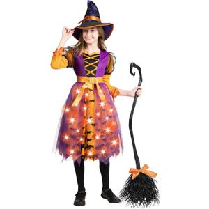 Spooktacular Creations Light Up Polka Dots Witch Tutu Costume for Girls Toddlers Starry Witch Dress with Magic Hat and Broom (S)