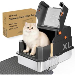 TENTIZON Stainless Steel Cat Litter Box with Lid, Large Covered Enclosed Kitty Litterbox with Hood, Flip Top, High Side, Litter Mat, Scoop for Big Cats, Kitten, No Odor, No Mess, Easy Clean, Black