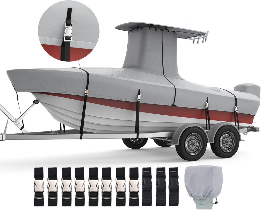 RVMasking 1200D Reinforced T-Top Boat Cover with Motor Cover, Heavy Duty Waterproof Tear-Resistant Boat Cover for Center Console Boat with T TOP Roof, 17'-19' Long Beam Width up to 102", Gray (Length:17'-19', Beam Width up to 102")