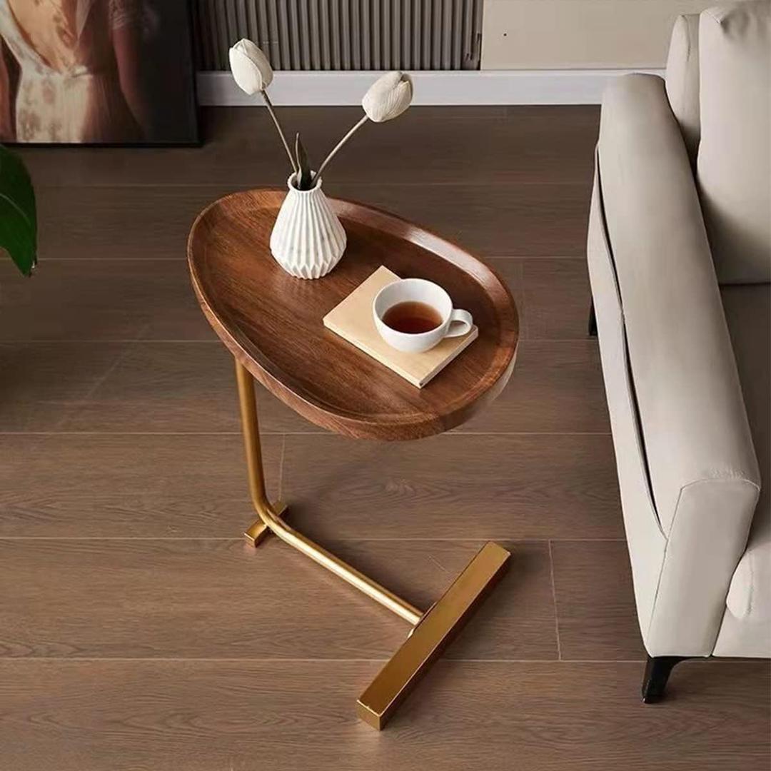 Small Side End Table New C Table Narrow Round Bed Sofa Couch Coffee Dinner Table for Snack Drink TV Tray, Slim Gold Rustic End Table Modern Simplicity, Metal and Wood - 24 Inch
