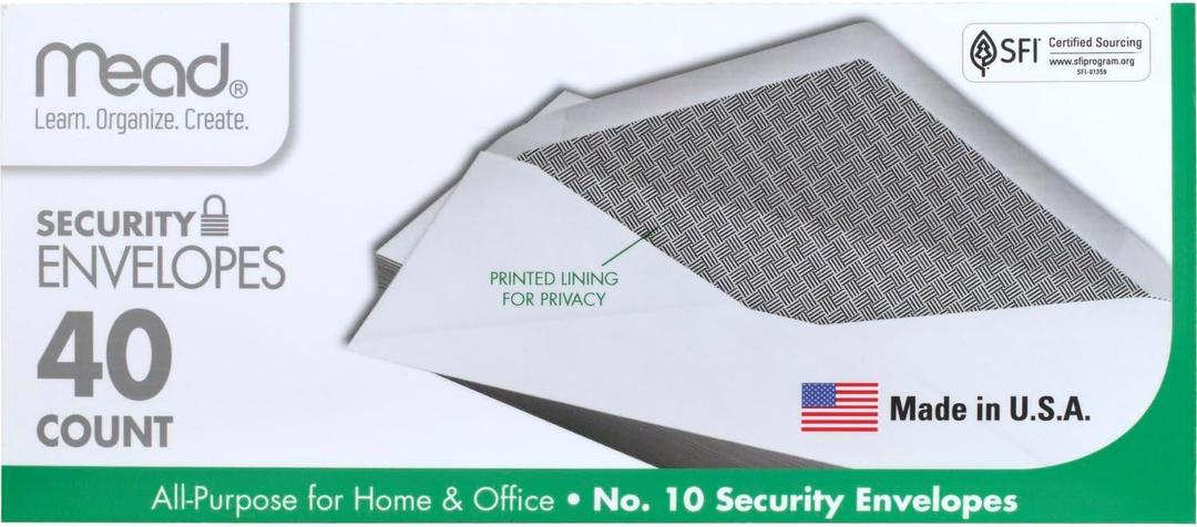 Mead #10 Envelopes, Security Printed Lining for Privacy, Gummed Closure, All-Purpose 20-Ib Paper, 4-1/8" x 9-1/2", White, 40 Letter Size Envelopes per Box (75214)