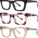 bullabulling 3 pack Oprah style Spring hinge Readers Blue Light Blocking Computer Square Reading Glasses for Women Men (Black/Tortoise/Tea)