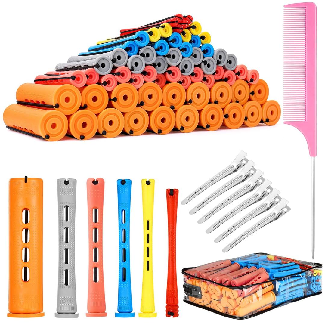 90 Pcs Hair Perm Rods Set, 6 Sizes Plastic Hair Curling Rods with Hair Clips Rat Tail Comb, Cold Wave Rods for Long Short Hair Hairdressing Styling Tools