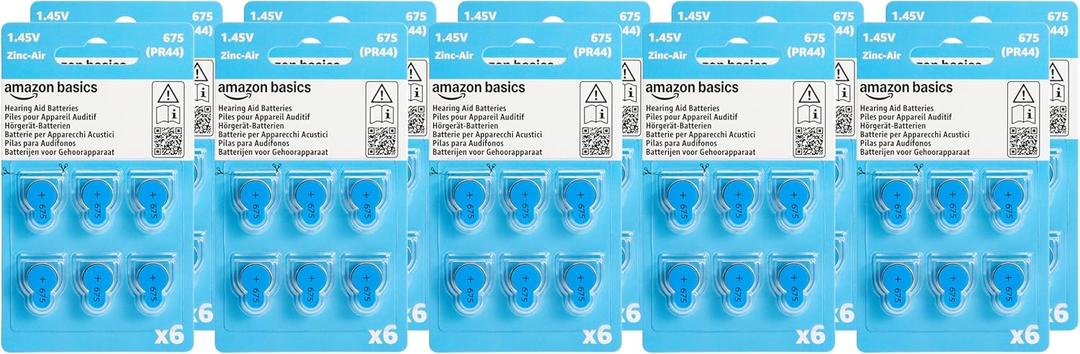 Amazon Basics 60-Pack Hearing Aid Size 675 Zinc-Air Batteries, 1.45 Volt, Blue Tab, 4-Year Shelf Life, Child-Safe Package (Use Scissors to Open)