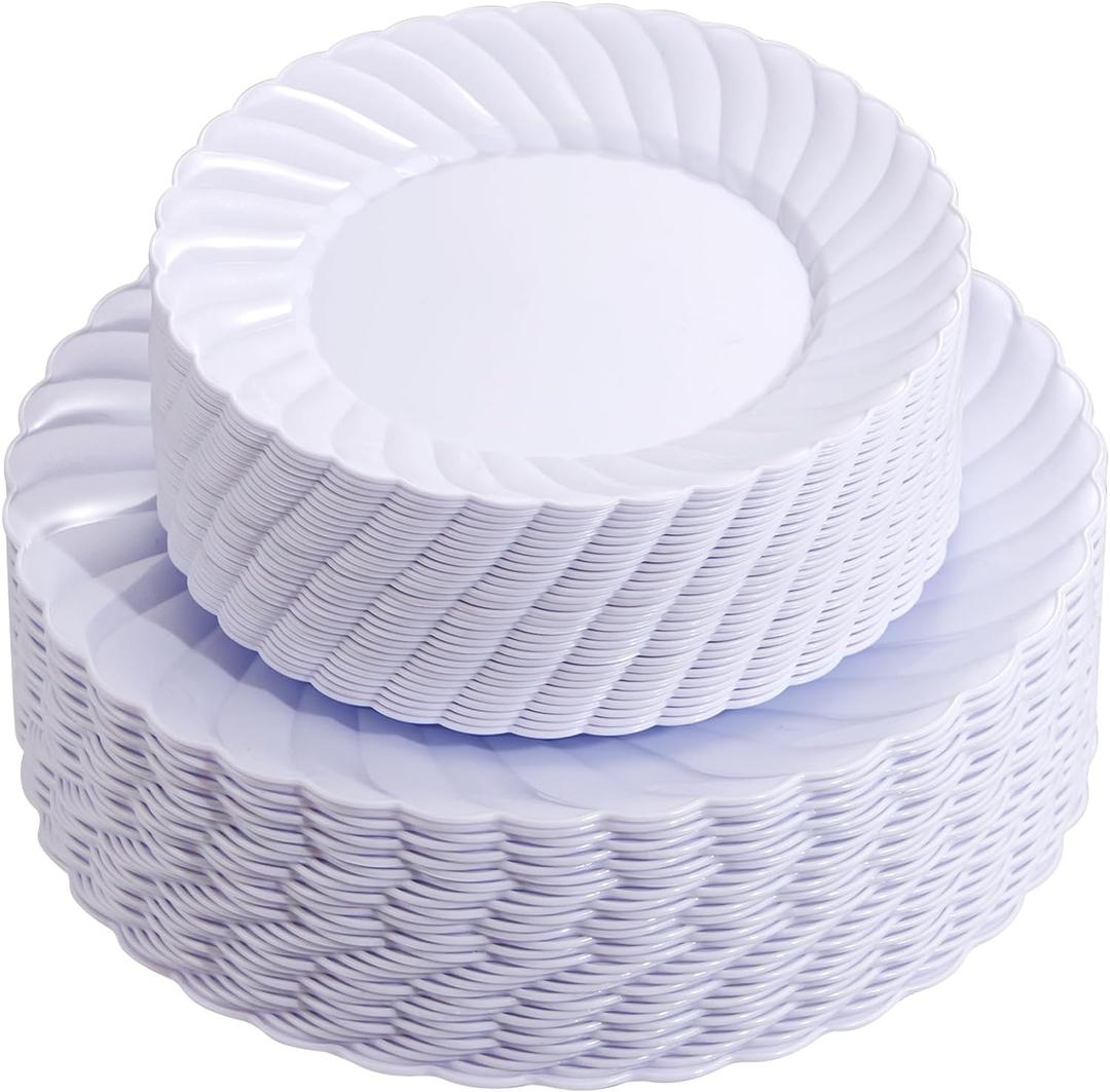 U-QE 100 Pieces White Plastic Plates - Premium White Disposable Plates for Wedding and Party Use Including 50PCS 9 '' Dinner Plate & 50PCS 6.5 '' Dessert Plate
