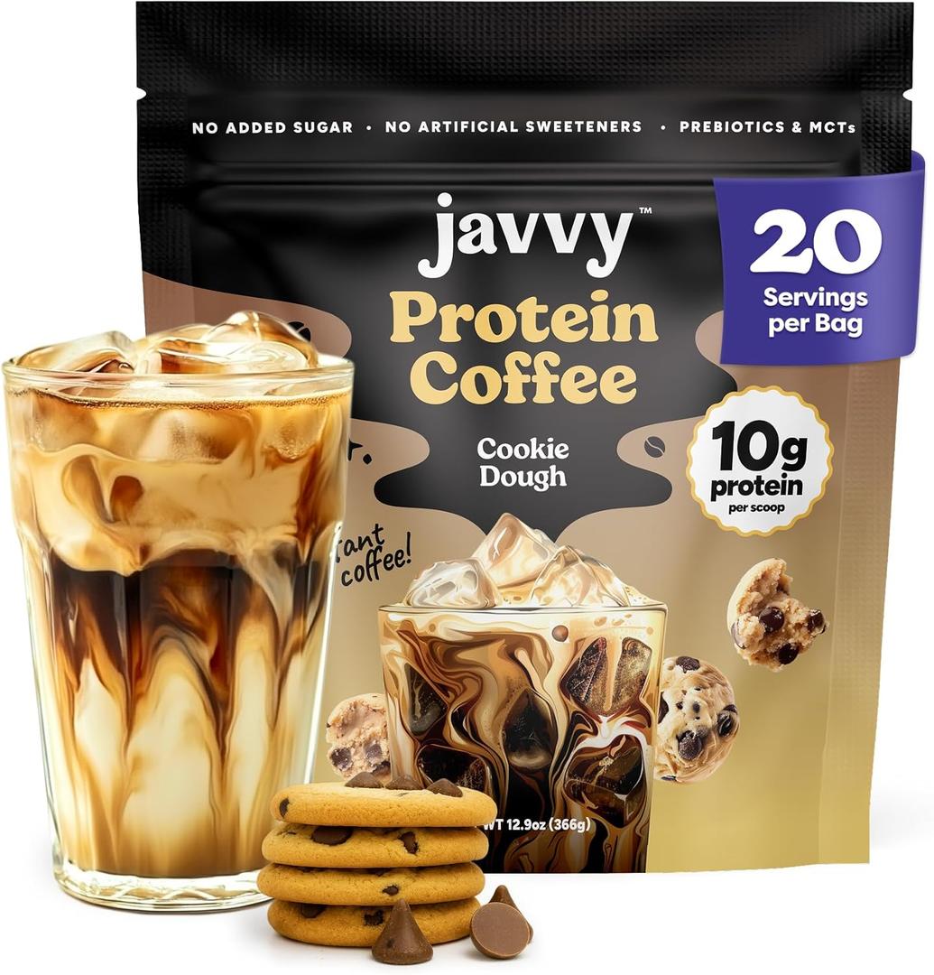 Javvy Protein Iced Coffee - Premium Whey Protein & Iced Coffees, 100% Natural Cold Brew, Zero Artificial Flavors & Sweeteners, 80mg Caffeine, No Added Sugar, 20 Servings, Cookie Dough, 1 Pack, EXP: 05/2028