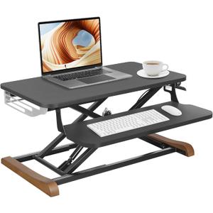 Height Adjustable Standing Desk Converter with Keyboard Tray, 26x16 Inch, Sit to Stand Desk Riser with Elegant Side Cover and Wooden Feet, Compact Monitor and Laptop Riser for Home & Office, Black, Gas Spring Standing Desk Converter