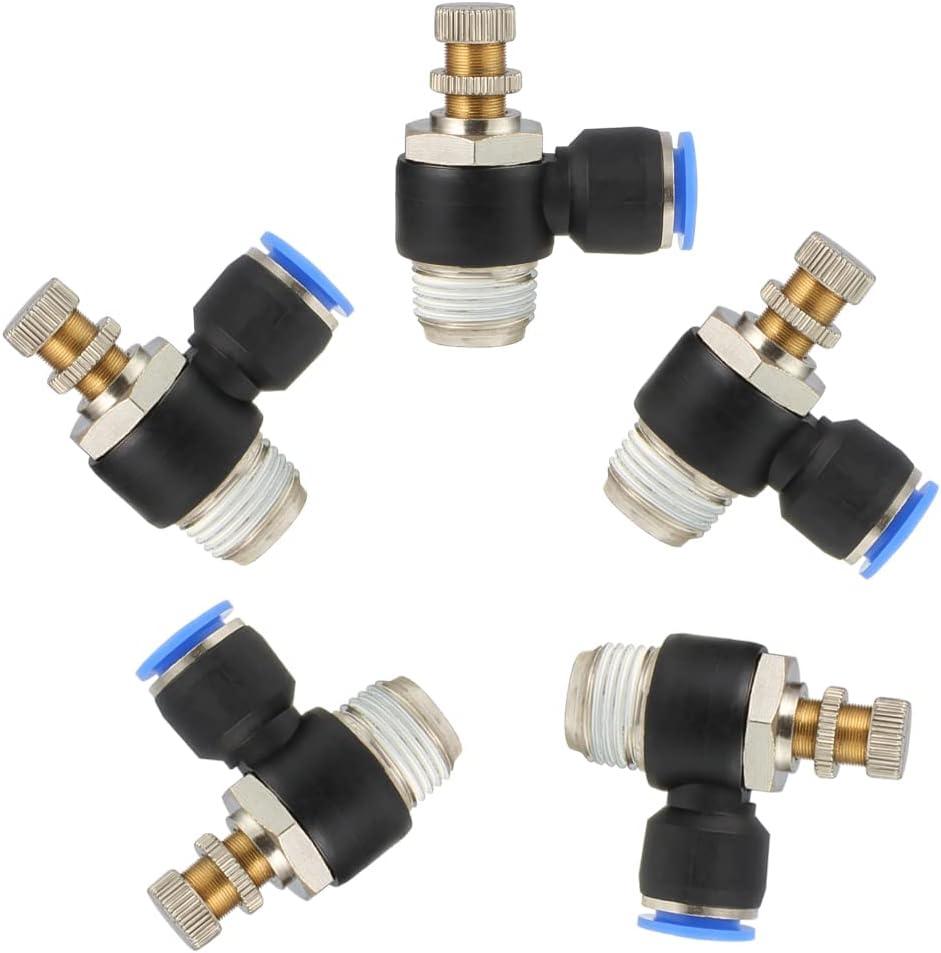 Pneumatic Push to Connect Air Flow Control Valve, 10mm Tube OD x 3/8" Male BSP Thread, Elbow 90 Degree Switch Valve Adapter Fitting (Pack of 5)
