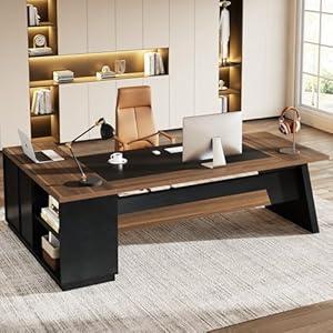 Tribesigns 78" L-Shaped Executive Desk, Extra Large Modern Office Desk with Drawers and File Cabinet, Business Furniture with Storage Shelves, Big Computer Desk for Home Office (Light Walnut + Black)