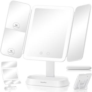 Rechargeable Lighted Makeup Mirror with 7X/5X/1X Magnification, Vanity Mirror with Lights, Trifold Makeup Mirror for Travel , 3 Lights Colors & Adjustable Brightness, 360 Rotation & Detachable Design (Pearly White)