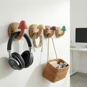 4 Pack Cute Wooden Mushroom Wall Hooks, Whimsical Cottagecore Decor, Heavy Duty Wall Mounted Coat Hooks for Entryway, Bathroom, with 8 Screws