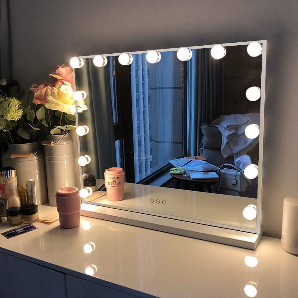 FENCHILIN Vanity Mirror with Lights, Hollywood Lighted Makeup Mirror with 15 Dimmable LED Bulbs for Dressing Room & Bedroom, Slim Metal Frame Design, White (White-usb+typec Charging)