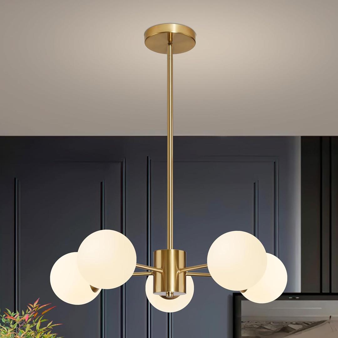Bagood 5-Light Globe Sputnik Chandelier Mid Century Sputnik Chandeliers Modern Gold Globe Pendant Light Brushed Brass Finished with White Frosted Glass Lampshade for Dining Room Bedroom Kitchen