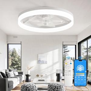 CubiCubi Ceiling Fans with Lights, 20 Inch White Low Profile Ceiling Fans with Lights and Remote Control, APP, Modern Flush Mount LED Ceiling Fan with 3CCT and 6 Wind Speeds for Bedroom, Living Room