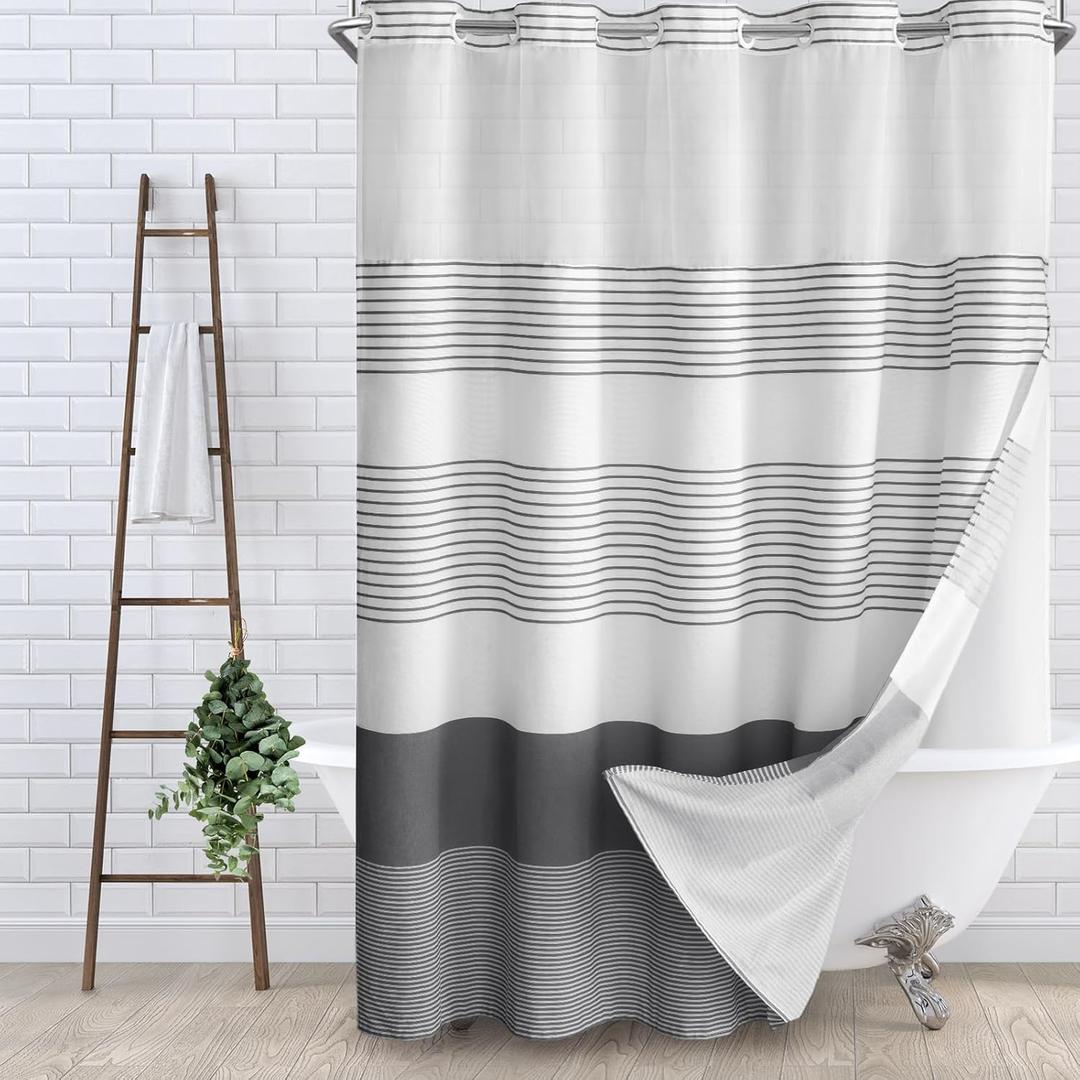No Hook Shower Curtain and Liner Set,Dark Gray Boho Striped Shower Curtain for Bathroom Cotton 75" L x 60" W