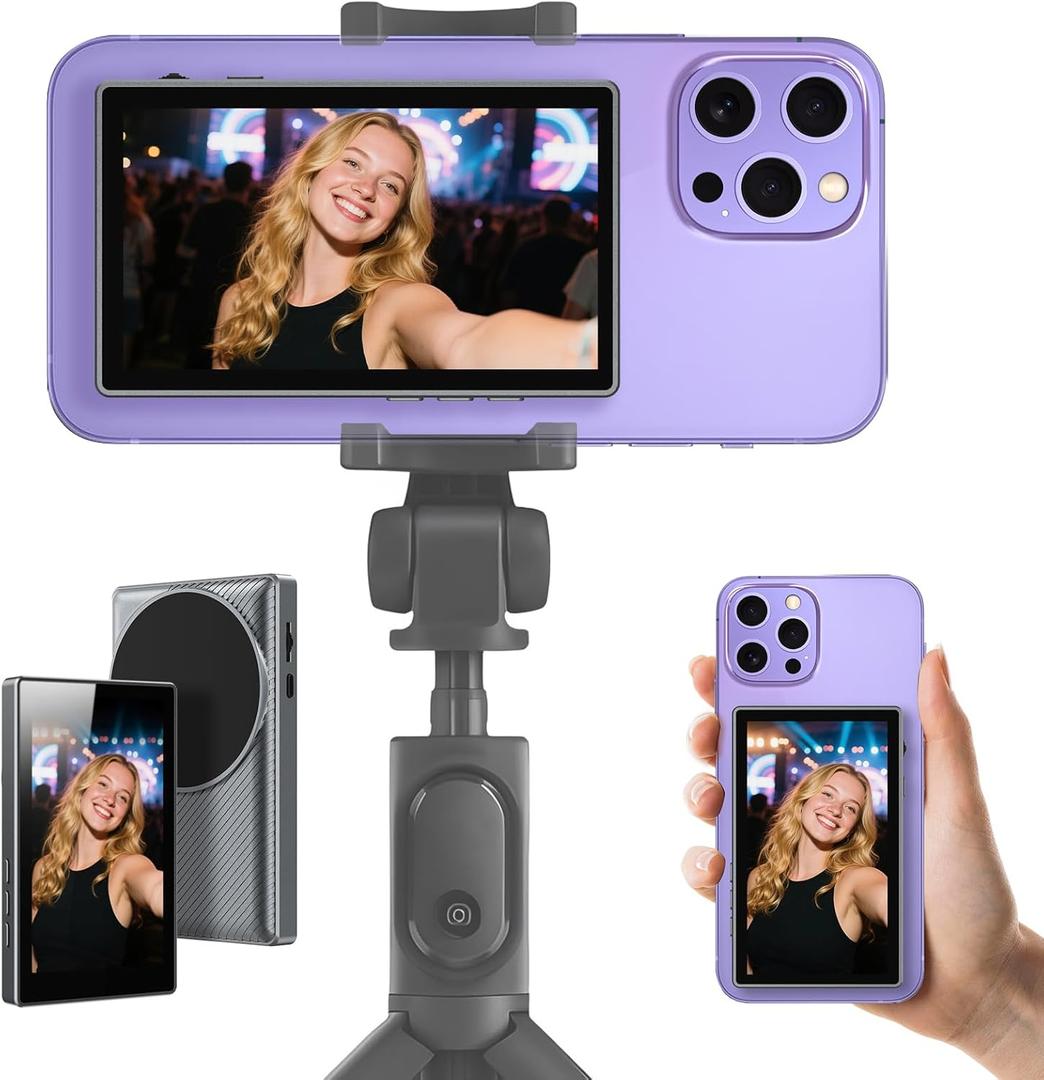 Zoomable Selfie Monitor Screen for iPhone - Magnetic Wireless Back Camera Mirroring 4K 30fps Recording with Speaker 3 Brightness for Selfie Vlog Live Stream (Not for iPhone17 Series & Google Pixel)