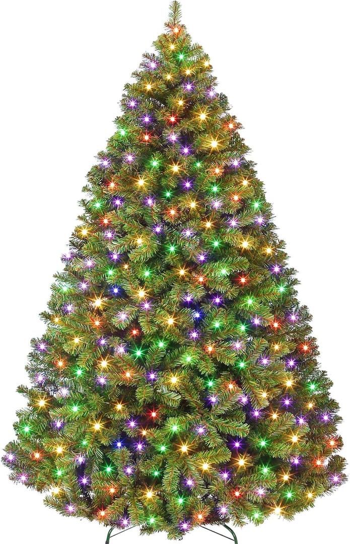 6FT Prelit Fluffy Noble Fir Artificial Christmas Tree with 500 Multicolor Lights& 9 Modes, Hinged Branches& 1400 Tips, Artificial Christmas Tree Includes Stand with Foot Switch for Holiday Home Decor (Natural Green)